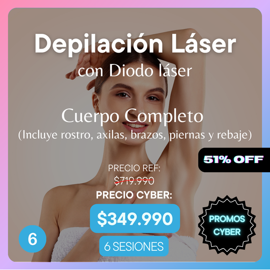 Promo Cyber 6 - Depilación Láser Cuerpo Completo (Incluye rostro, axilas, brazos, piernas y rebaje)