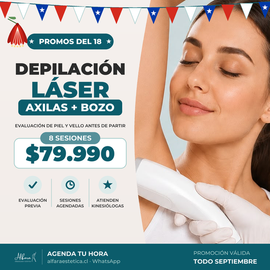 Promo del 18 — Depilación láser axilas + bozo, 8 sesiones $79.990, válida todo septiembre en Alfara Estética