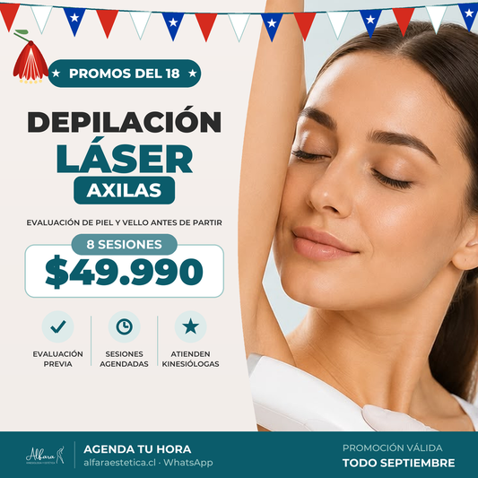 Promo del 18 — Depilación láser de axilas, 8 sesiones $49.990, válida todo septiembre en Alfara Estética