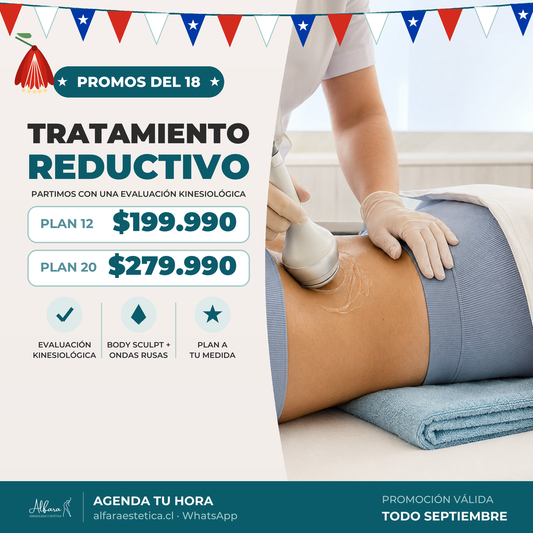 Promo del 18 — Tratamiento reductivo, Plan 12 $199.990 y Plan 20 $279.990, válida todo septiembre en Alfara Estética